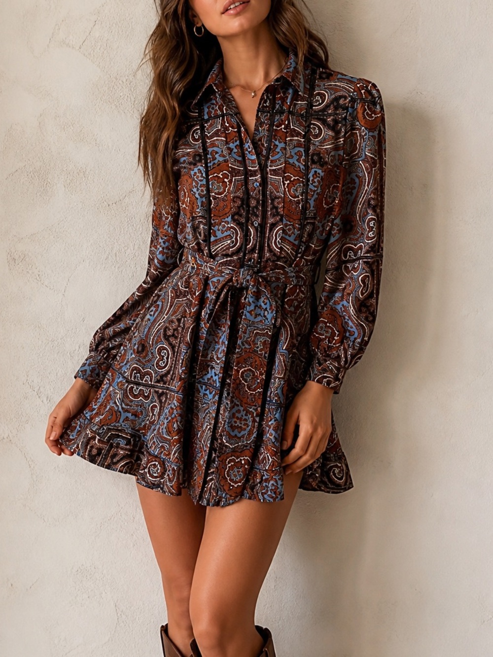 Alex Marie Paisley Long Sleeve Dress Size 4 Brown Blue Belted Mini Playful